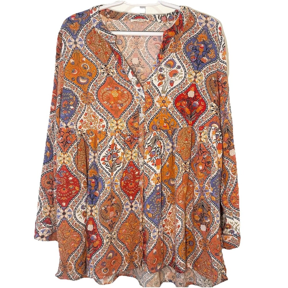 Christian Siriano NY Boho Medallion Print Peplum Blouse Rayon Size L